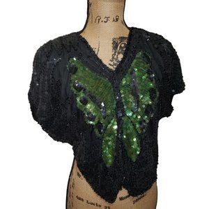 Vntg 80s Valachi Creations Black/Green Sequin Butterfly Top 100% Silk Retroglam